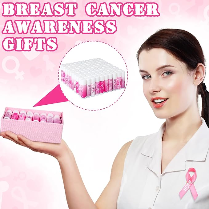 100 Set Pink Ribbon Breast Cancer Awareness Gifts Bulk, 100 Lip Balms, 100 Organza Gift Bags and 100 Tags Perfect for Charity Events, Survivors Awareness Campaigns-VivaGrace Women