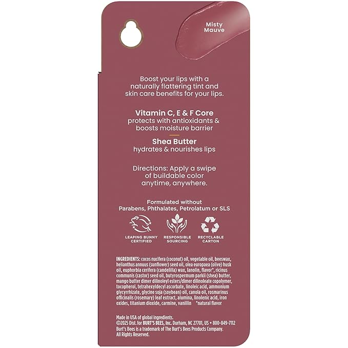 Burt’s Bees Back To School Gift Ideas, Tinted Boosted Balm, Misty Mauve, Hydrating Tinted Lip Balm with Vitamin C, E, and F Core, 24 Hour Lip Moisturizer, 100% Natural Origin, 1 Count, 0.16oz-VivaGrace Women