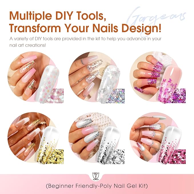 ROSALIND Poly Nail Gel Kit -14 Colors + 75 Nail Art Accessories Kit Nude Pink Series Poly Gel with Big Uv Light 48W and Electric Nail Drill Poly Nail Gel Starter Kit with Everything Gift-VivaGrace Women