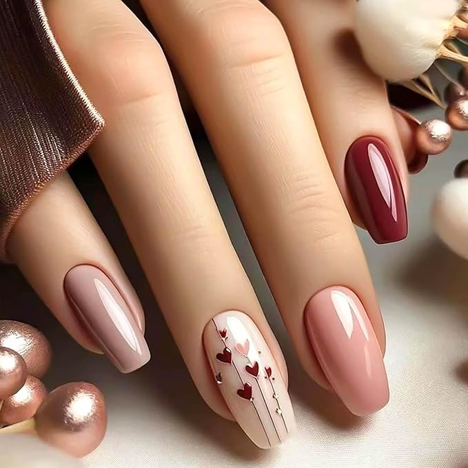 Coffin Press on Nails Medium Fake Nails Red Brown False Nails with Heart Designs Holiday Nail Press ons Glossy Artificial Nails Natural Stick on Nails for Women 24Pcs
