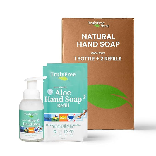 Aloe Unscented Hand Soap - 10x Concentrated Aloe Vera, Non-Drying Gentle Cleanser - Bathroom Hand Soap - 1 Empty Bottle with Foaming Dispenser Pump + 2 Moisturizing Hand Soap Refill Pouches
