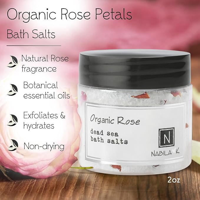 Organic Rose Bath Salts by Nabila K - Dead Sea Salt & Epsom Salt Scrub & Soak - Exfoliates & Hydrates Skin, Botanical Essential Oils - Bubble Bath Accessories for All Skins Types, 2 oz-VivaGrace Women