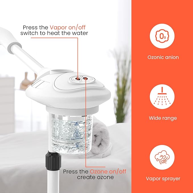 TASALON Professional Facial Steamer with Ozone, Vapor ozono Facial Steamer Professional for Clean Skin, Firm Pores, Esthetician Steamer for Home or Salon Use, Adjustable Height and Angle,White-VivaGrace Women
