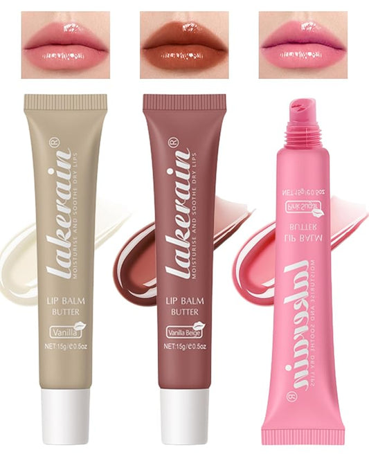 Tinted Lip Butter Balm-3 Colors Vanilla Beige Brown Pink Sugar Glossier Lip Gloss,Clear Jelly Yummy Tint Lip Stain Balm,Long Lasting Hydrating Non-Sticky Glow Reviver Fat Lip Care Oil for Women-Set A-VivaGrace Women