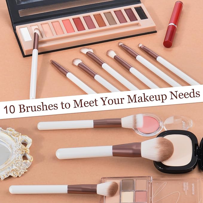 Makeup Brushes Set With Case 10Pcs White Makeup Brush Kit Foundation Eyeshadow Powder Blending Kabuki Eyebrow Eyelash Brushes Cosmetic Brush Travel Kit Gift (White+Brown)-VivaGrace Women