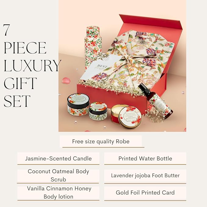 Spa Gift Set with Robe - 7 pc for New Mothers Postpartum Moms & Expecting- Luxurious Gift Set w Jasmine Candle Honey Lotion Coconut Oatmeal Body Scrub - All-Natural for Self-Care. Push present.-VivaGrace Women