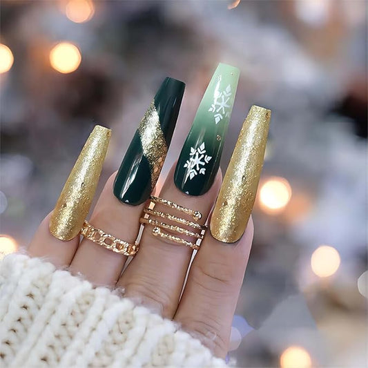 Long Press on Nails Coffin Green and Gold Fake Nails Christmas Press on Nails with Design Nails (Green & Gold)
