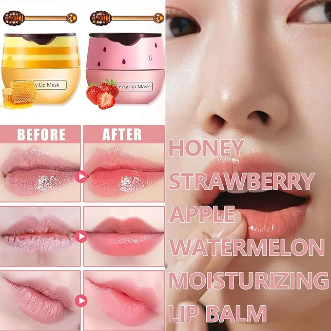 2 PCS Bee Lip Balm Honey Pot, Watermelon & Apple Lime Lip Sleeping Masks Overnight, Hydrating Prevention Dry and Cracked Lip Scrubs Exfoliator Lip Care, Reduces Lip Lines-VivaGrace Women