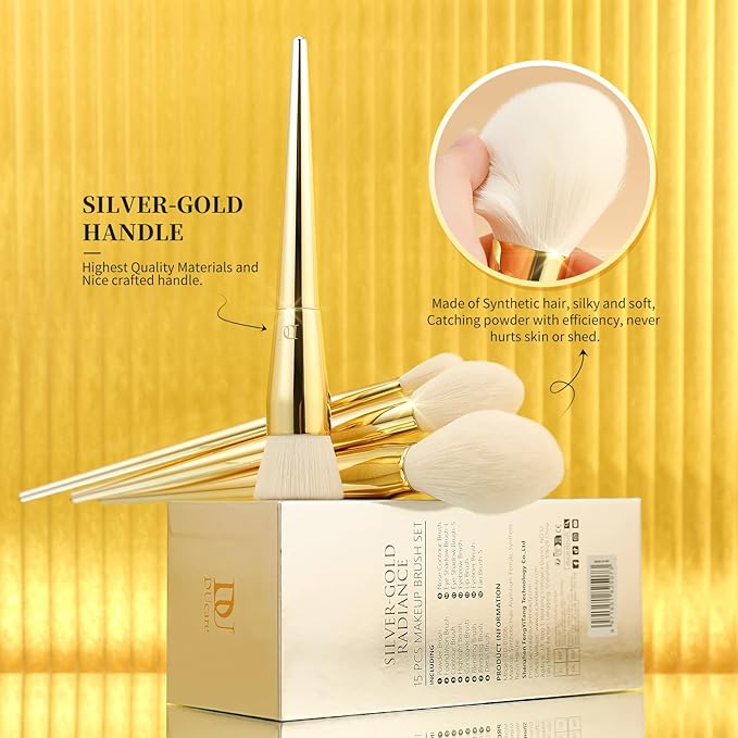 DUcare Makeup Brushes 15Pcs Makeup Brush Set with Holder Premium Synthetic Powder Foundation Contour Blush Concealer Eye Shadow Blending Liner Make Up Brush Kit gold-silver-VivaGrace Women