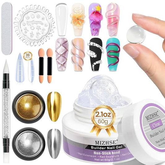 MIZHSE Solid Builder Gel for Nails, 60g Large Capacity Clear 3D Sculpting Gel for Nails Hard Gels Non-Sticky Hand Carving U V/LED Extension Gels with 3D Mold Nail Art Salon Home DIY-VivaGrace Women