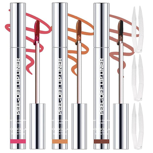 3 Colors Peel Off Lip Liner Stain with Tweezer, Long Lasting Waterproof Lip Tint Stains Makeup Set with Matte Finish for Women, Natural Look, Easy to Use, for All Skin Types (#015, M)-VivaGrace Women