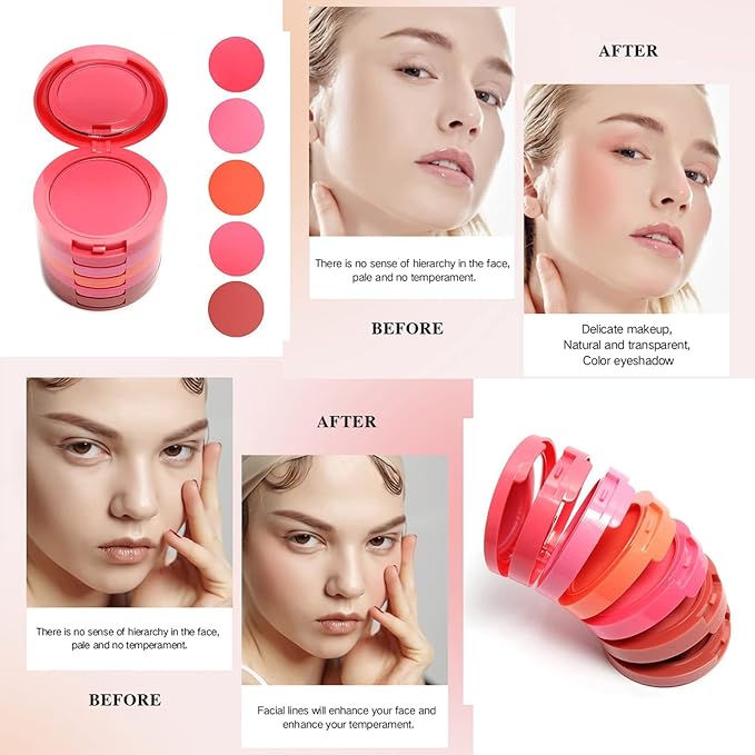 UCANBE 5 Colors Face Blusher Palette Waterproof Matte Long Lasting Lightweight Blush Powder Pink Coral Blushing Pallet with Brush Mirror Women Makeup Gift Set Kit-VivaGrace Women