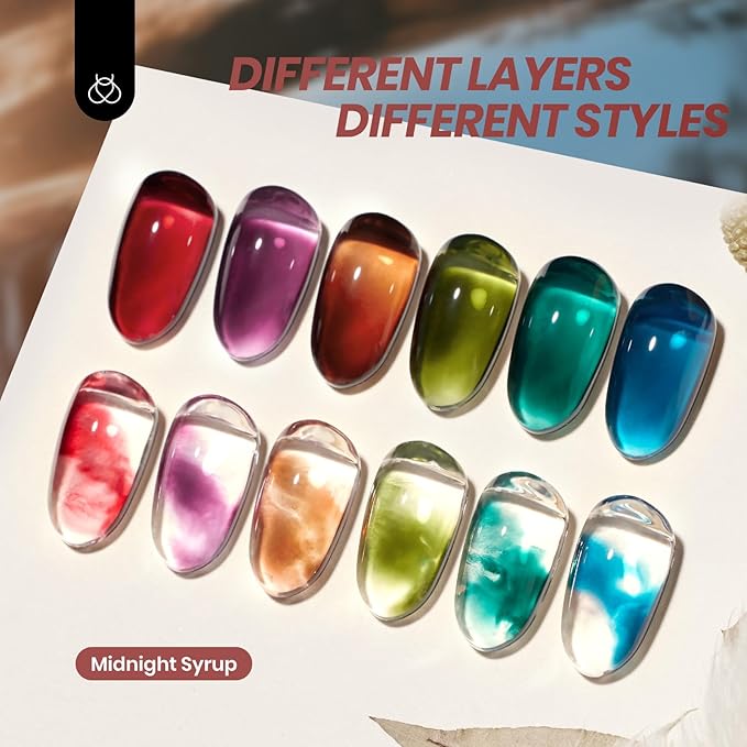 Beetles Jelly Gel Nail Polish Set - 6 Colors Mocha Brown Burgundy Red Purple Green Blue Fall Gel Polish Kit Sheer Translucent Effect Soak Off UV Midnight Syrup Nail Art Manicure Gift for Women-VivaGrace Women