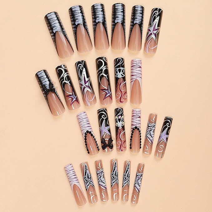 Extra Long Nail XL Nails with Design - Square False Nails - Press Ons Black & Nude