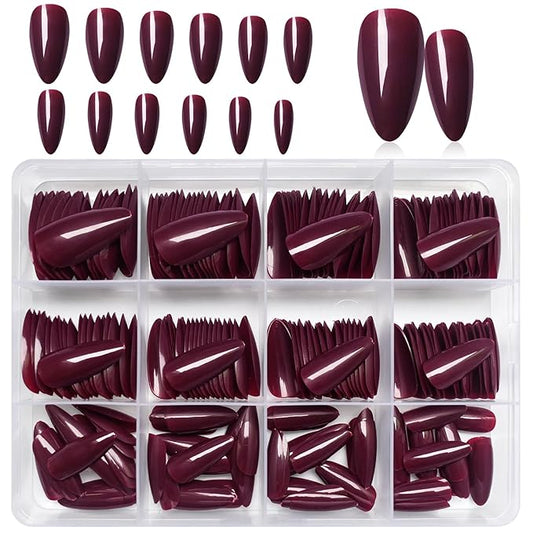 LoveOurHome 240pc Christmas Almond Press on Nails Medium Fake Nail Tips Acrylic Nails Press ons Nail Almond Burgundy Red Short Stiletto Artificial Fingernail & Glue Adhesive Tabs for Women Girls Kid