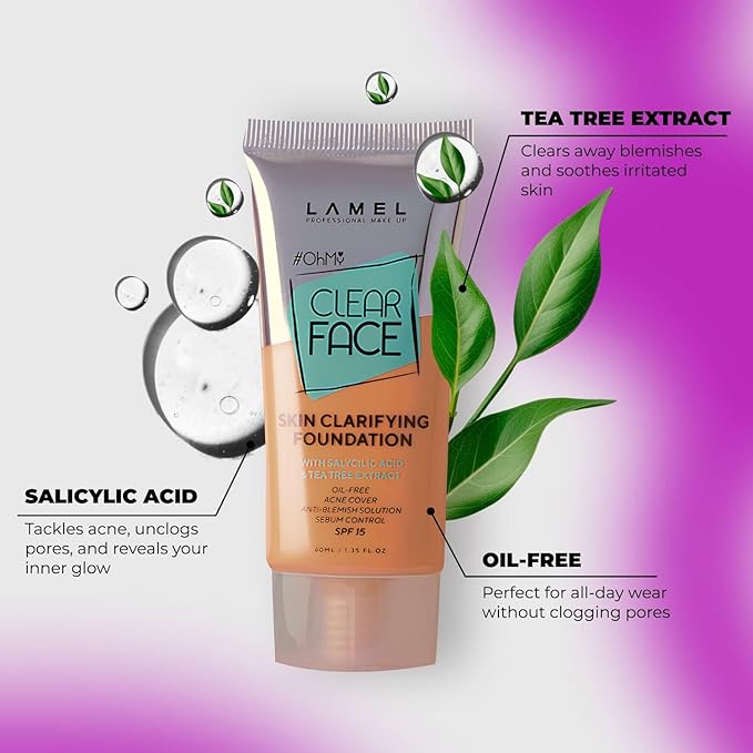 Lamel- Oh my Clear Face Foundation- SPF15-408 Golden | Contains tea tree extract and salicylic acid |Controls sebum production |Anti-blemish formula |SPF 15 |Oil free foundation | 40ml-VivaGrace Women