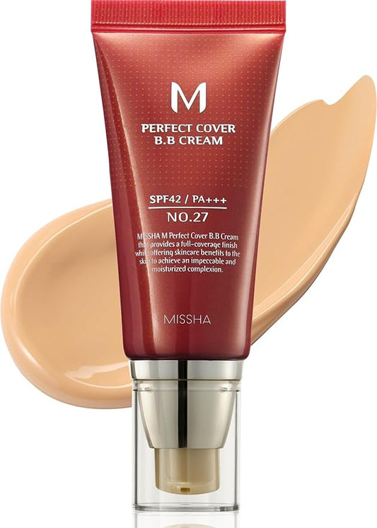 MISSHA M Perfect Cover BB Cream No.27 Honey Beige - Medium with Neutral/Warm Undertone SPF 42 PA +++ 1.69 Fl Oz - Tinted Moisturizer for face with SPF-VivaGrace Women