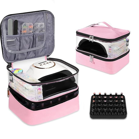Clear Nail Polish Organizer Double layer Nail Polish Holds 30 Bottles and Nail Lamp, Nail Dryer Case Storage Supplies with Adjustable Dividers, Portable Nail Carrying Bag for Nail Tech (Pink)