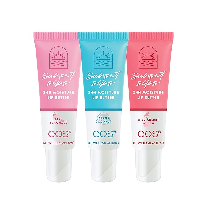 eos Sunset Sips Lip Butter Trio- Includes Pink Lemonade, Island Coconut & Wild Cherry Slushie Flavors, 24-Hour Moisture, Doubles as an Overnight Lip Mask, 3-Pack-VivaGrace Women