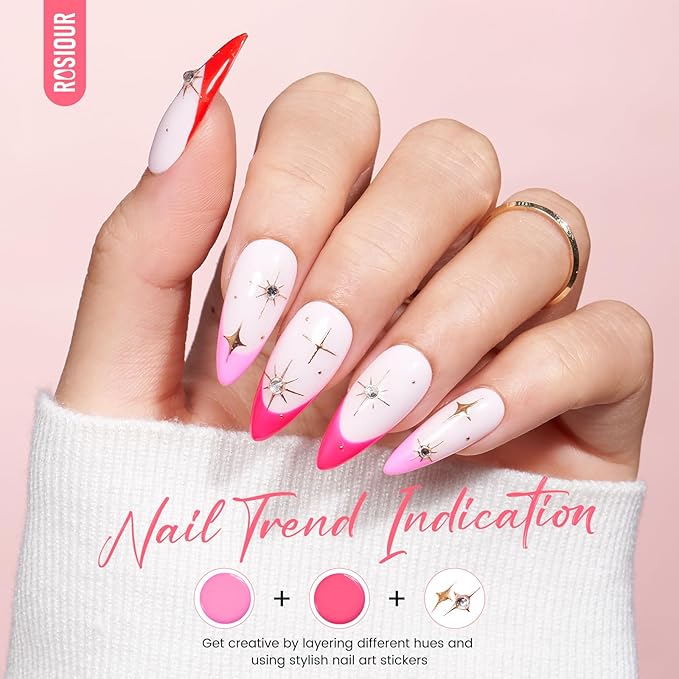 Gel Nail Polish Kit with U V Light, Hema-Free Bright Red Light Baby Pink Violet Pink Summer Gel Polish Set with Base & Top Coat Chrome Nail Powder, 4 Colors Mini Salon Nail Art Starter Gift for Women-VivaGrace Women