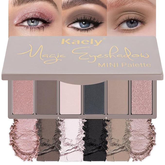 evpct 6 Colors Travel Eye Shadow Palette Makeup, Rose Coffee White Bright Nude Pink Black Brown Sparkly Shimmer Glitter Matte High Pigment Mini Eyeshadow Palette for Older Women, Built in Mirror