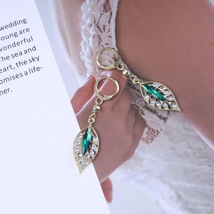 Vintage Emerald Leaf Earrings Rhinestone Leaf Drop Earrings Green Emerald Dangle Earrings Gold Crystal Leaf Hoop Earrings Jewelry for Women-VivaGrace Women