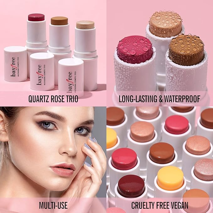 KIMUSE Multi Stick Trio Face Makeup, Cream Blush Stick for Cheeks & Lips, Contour Stick & Highlighter Makeup Sticks for All Skin-VivaGrace Women