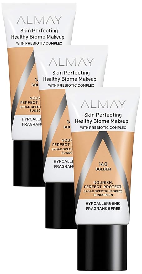Almay Skin Perfecting Healthy Biome Foundation Makeup with Prebiotic Complex SPF 25, Hypoallergenic, Fragrance Free, 140 Golden, 1 fl. oz. (Pack of 3)-VivaGrace Women
