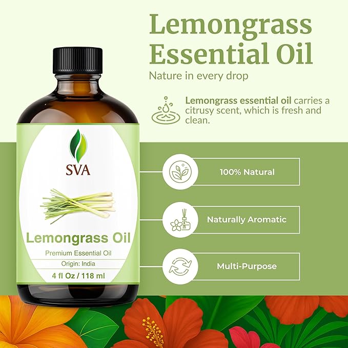 SVA Lemongrass Essential Oil – 4 Fl Oz – 100% Natural Lemongrass Oil - for Diffuser, Hair Care, Face, Skin Care, Aromatherapy, Scalp and Body Massage, Soap and Candle Making - with Dropper-VivaGrace Women