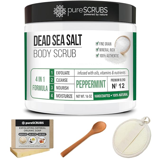 pureSCRUBS Premium Sea Salt Body Scrub Set - Large 16oz Peppermint Scrub With Infused Essential Oils & Nutrients, Includes Wooden Spoon, Loofah & Oatmeal Exfoliating Bar Soap-VivaGrace Women