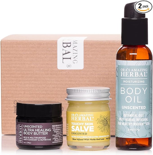 Ora's Amazing Herbal Unscented Moisturizer Travel Set, Touchy Skin Salve, Unscented Body Butter & Body Oil Set, Travel Size, Eczema and Senstivie Skin-VivaGrace Women