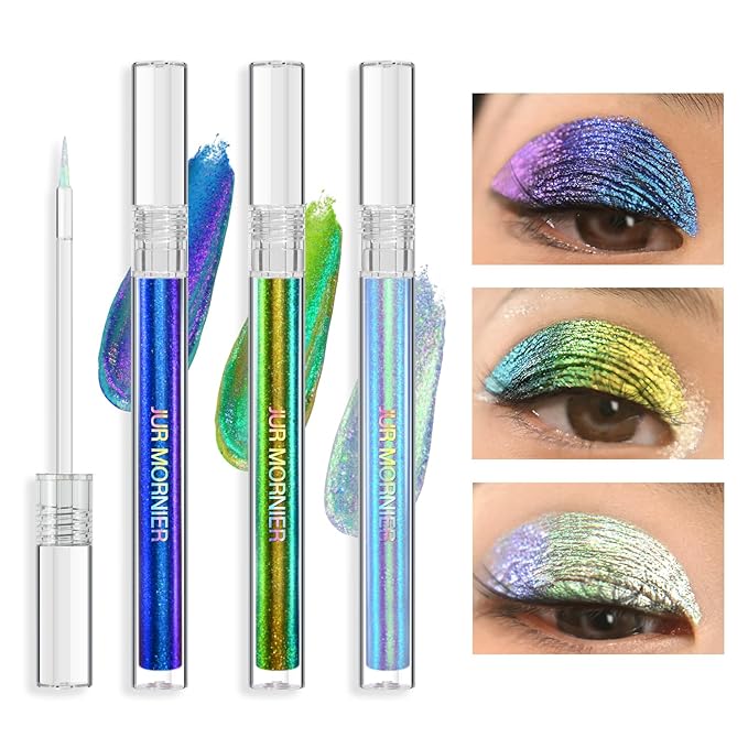 Multichrome Liquid Eyeshadow Set, 3 Colors Multi-Dimensional Eye Liner Makeup, High Pigment Waterproof Metallic, Ultra Fine Tip Glitter (104+105+106)
