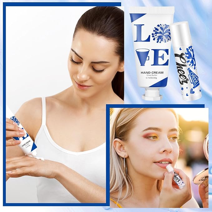 144 Pcs Blue Cheer Favors Natural Bulk Lip Balm and Hand Cream Set, Include 36 Lip Balm 36 Moisturizing Hand Cream 36 Bags 36 Card and Rope cheer accessories for Team Sports Party Supplies-VivaGrace Women