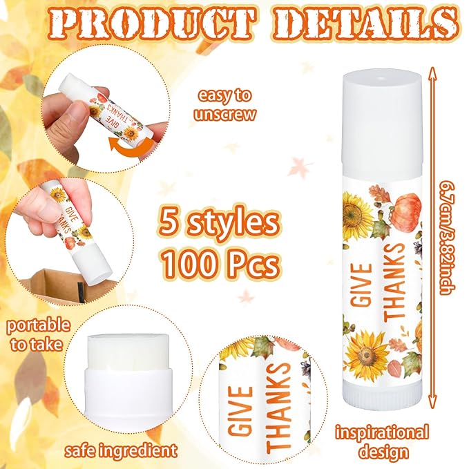 Dunzy 100 Pack Hello Fall Thanksgiving Party Gifts Bulk Lip Balms Favors Employee Appreciation Gifts Thank You Gifts Team Inspirational Gifts for Women Men Coworkers Satff Teachers(Thanksgiving)-VivaGrace Women
