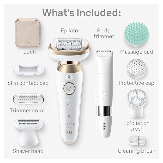 Braun Epilator Silk-épil 9 Flex SkinSpa, Hair Removal Device, 360 Flex and Pivoting Head, Wet and Dry, Includes Shaver Head, Trimmer Comb, Massage Pad, Exfoliation Brush and BodyTrimmer, SES9-481 3D-VivaGrace Women
