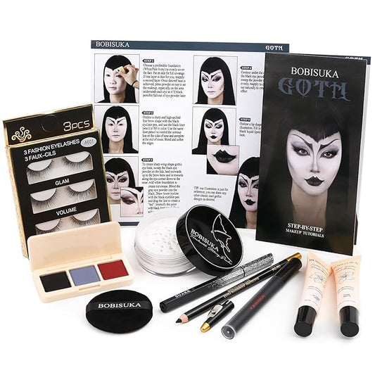 Halloween Goth Makeup, Complete Goth Make Up Set with White Foundation, Black Lipstick, Dark Smokey Eyeshadow Kit for SFX Gothic Makeup, Cosplay, Costume Party, Theater and Film-VivaGrace Women