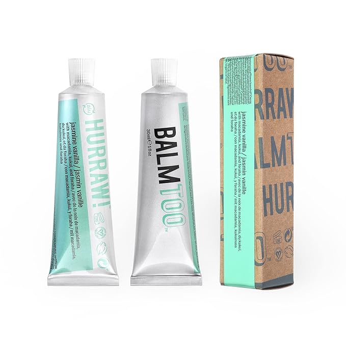 Hurraw! Balmtoo Squeezable Balm, Jasmine Vanilla: Thick, ultra-moisturizing. Anywhere application. Body, face, lips, neck, fingers, toes. 1 tube = 7 sticks of lip balm. Natural, Organic. Made in USA-VivaGrace Women