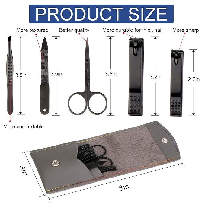 Manicure Pedicure Kit Nail Clippers Set Fingernails & Toenails Vibrissac Scissor 5 Pieces Best Care Tools for Man & Women with Travel Case (Gray/Black_A) (Gray/Black_A)-VivaGrace Women