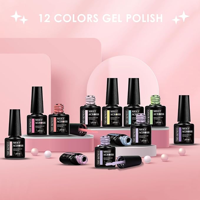 MEET ACROSS 12pcs Gel Nail Polish Set,Soak Off UV LED Lamp Gel Nail Polish Kit,Fashion Shimmer Nail Art Design Gifts for Women Manicure Salon (candy color)