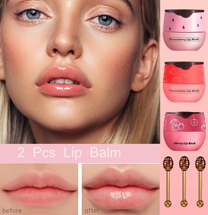 3PCS Bee Lip Balm Honey Pot, Exfoliating Strawberry Cherry Watermelon Bee Lip Balm Sleeping Lip Mask Overnight with Sticks, Honey Pot Lip Balm Prevention Dry Hydrating and Crack Lip Scrubs-VivaGrace Women