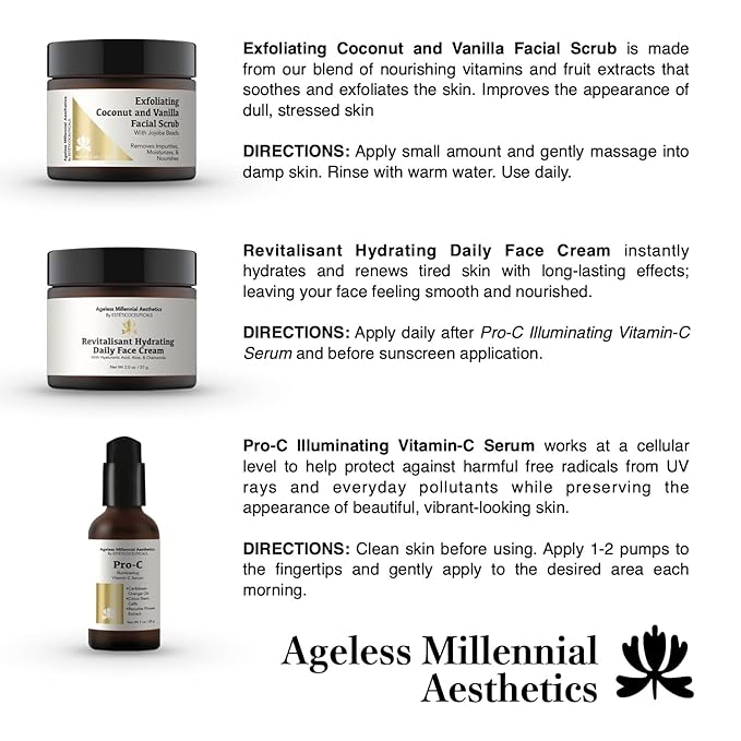 Ageless Millennial Aesthetics - Days Skin Care Gift Box - 1 Exfoliating Coconut Scrub - 2.0oz, 1 Pro-C Illuminating Antioxidant Serum - 1.0oz, and 1 Revitalisant Hydrating Cream - 2.0oz-VivaGrace Women