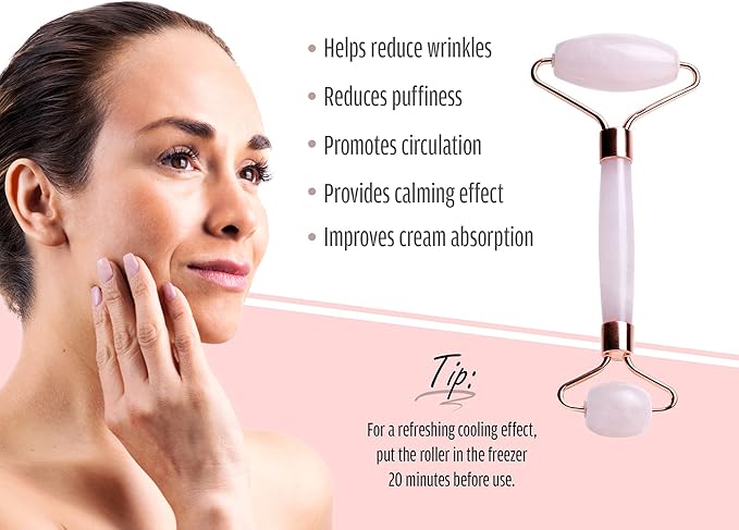 Rose Quartz Roller for Face - Facial Massage Tool for Natural Beauty Skin Care - Pink Face Roller Reduces Dark Eye Circles and Puffiness with 100% Authentic Quartz Crystal-VivaGrace Women