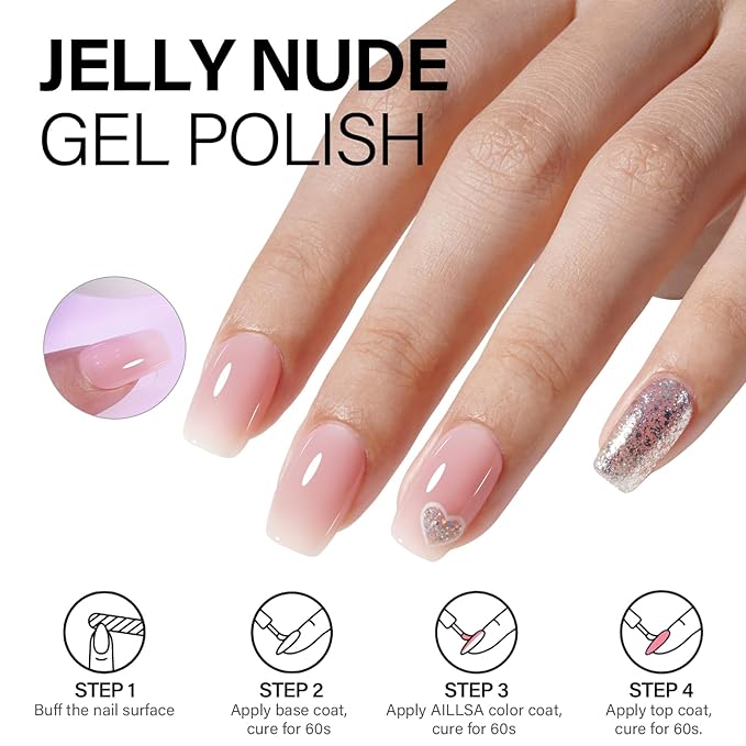 AILLSA Nude Pink Gel Nail Polish Set - White, Red, Milky Neutral Translucent Gel Polish with Base and Top Coat - 5+2 Kit - Bright Wedding Color - Jelly Soak Off U V Manicure Salon DIY at Home