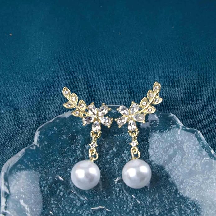 Vintage Crystal Flower Ear Climber Earrings Rhinestone Pearl Dangle Earrings Gold Cz Chain Tassel Earrings Sparkly Pearl Drop Earrings Jewelry for Women-VivaGrace Women
