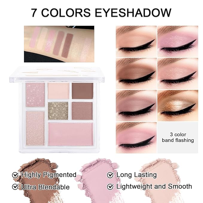Makeup Kit for Teens Girls, Makeup Present Set for Women, Makeup Full Kit for Beginners, Mini Makeup Bundle Include 7 Pink colors Matte & Shimmer Pigmented Eyeshadow Palette, Eyebrow Powder-VivaGrace Women