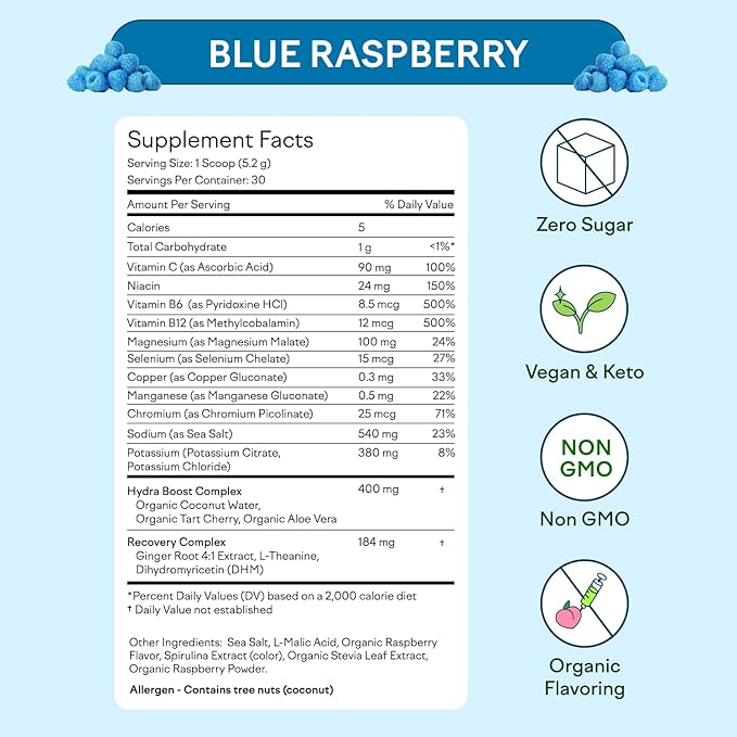 Feel Goods Hydration Hero, 1,000mg Electrolytes Powder, Sugar Free, Magnesium, Organic Aloe Vera, L Theanine, Vitamin C, B12, Keto, Vegan, Plant Based, Blue Raspberry, 30 Servings-VivaGrace Women