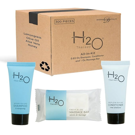 H2O Therapy Hotel Soaps and Toiletries Bulk Set | 1-Shoppe All-In-Kit Amenities for Hotels & Airbnb | 0.85 oz Hotel Shampoo & Conditioner, 1 oz Bar Soap Travel Size | 150 Pieces-VivaGrace Women