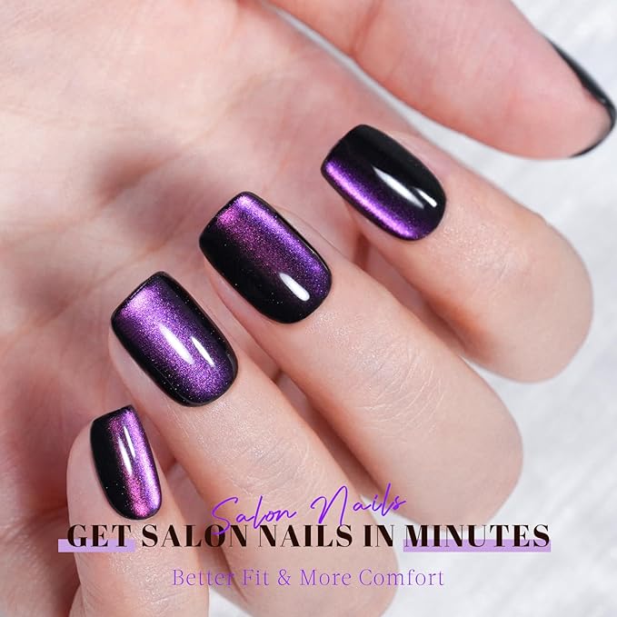Cat Eye Press on Nails Short, Jofay Fashion Stylish Purple Square Press on Nails, Soft Gel Fake Nails, Reusable & Natural Acrylic False Nails, Stick on Nails for Women Gift, Glue on Nails Kit 32 Pcs