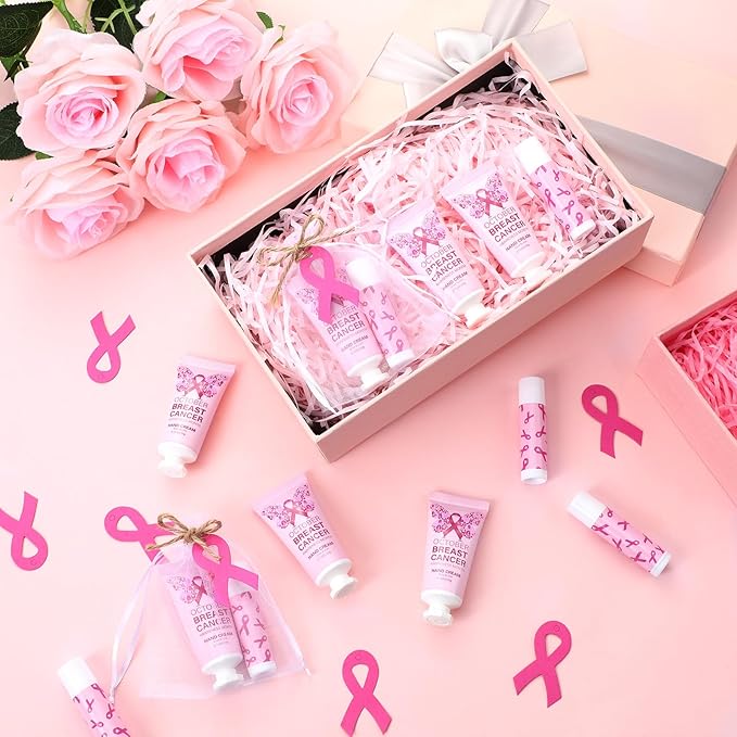 50 Set Breast Cancer Awareness Gifts Bulk Woman Pink Ribbon Lip Balm Hand Cream Include 50 Lip Balm 50 Hand Cream 50 Bag 50 Tag Breast Cancer Awareness Month Items Survivors Offices-VivaGrace Women