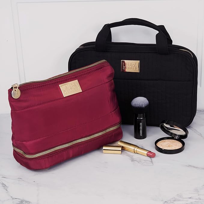 LAURA GELLER NEW YORK Quilted Makeup Bag with Brush Case, Burgundy - Toiletry Bag Organizer for Travel - Large Capacity Full Size Makeup Bag - Easy to Clean-VivaGrace Women